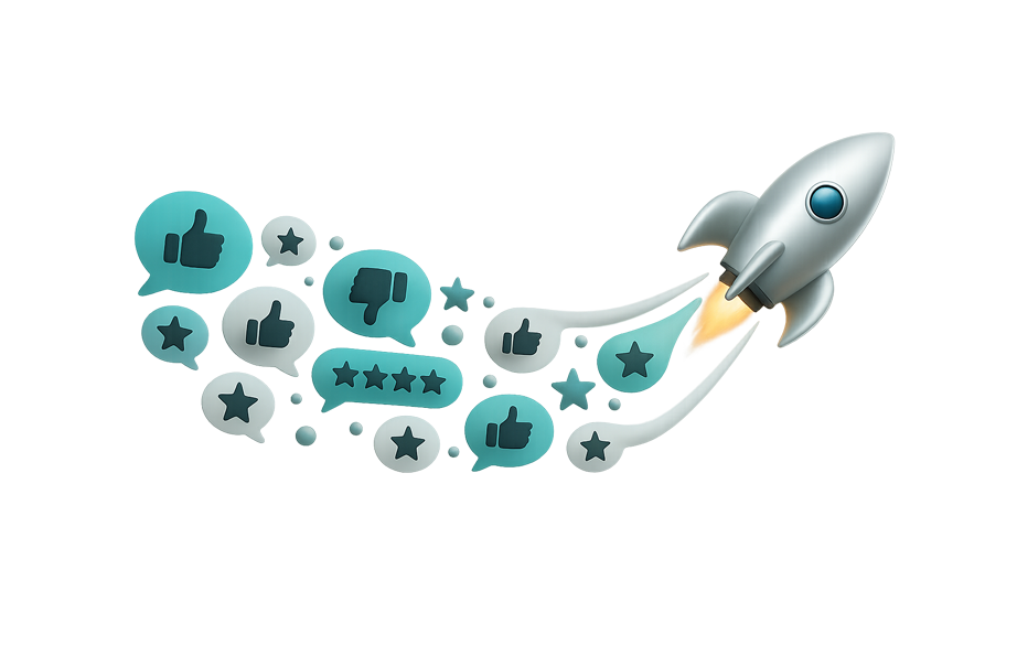 Image of a rocket ship with speech bubbles containing thumbs up and star symbols in its exhaust